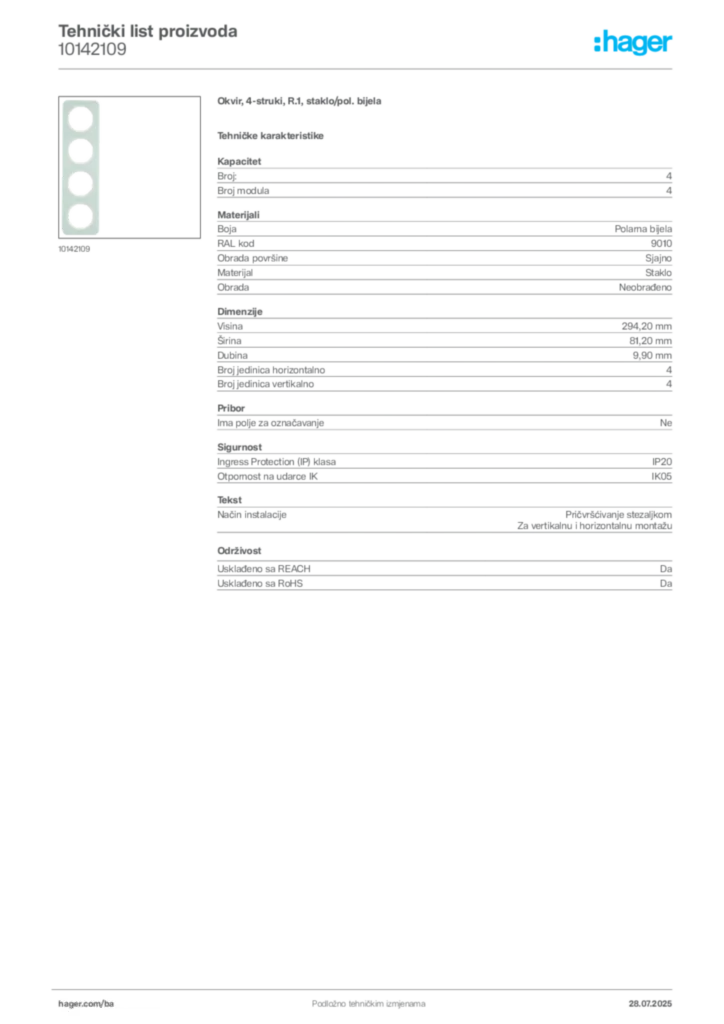 Slika Hager Product data sheet 10142109  | Hager