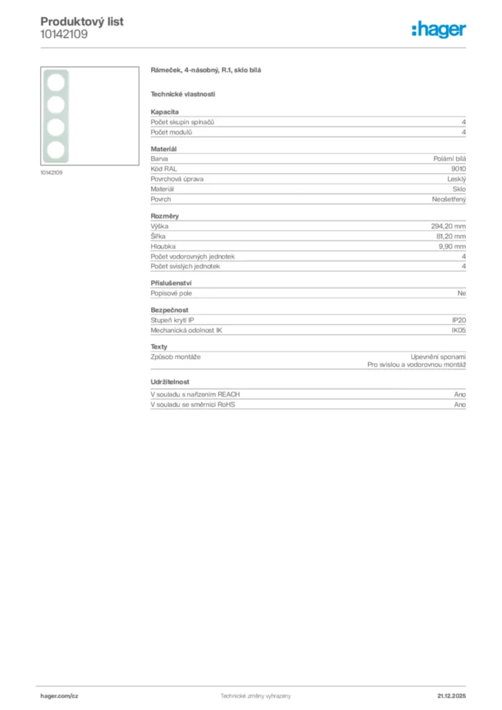 Obrázek Hager Produktový list 10142109 | Hager