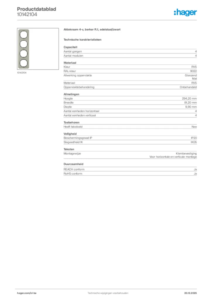 Afbeelding Hager Productdatablad 10142104 | Hager Belgium