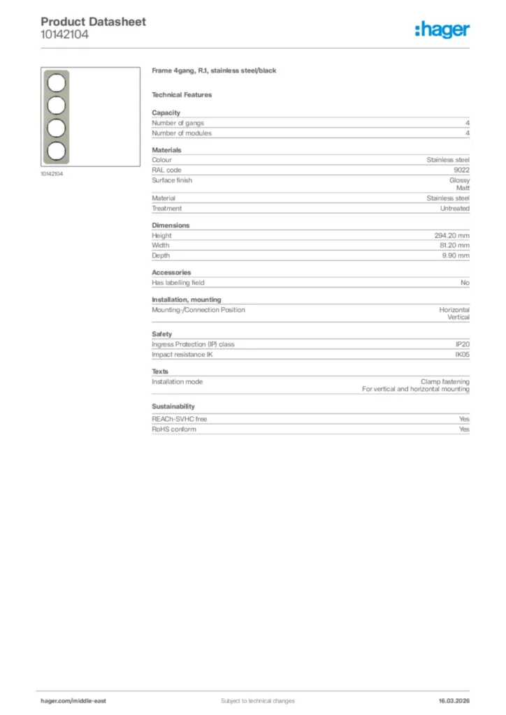 Image Hager Product data sheet 10142104  | Hager