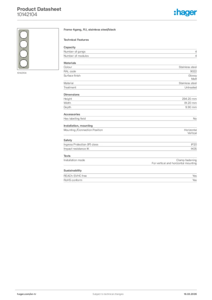 Image Hager Product data sheet 10142104  | Hager