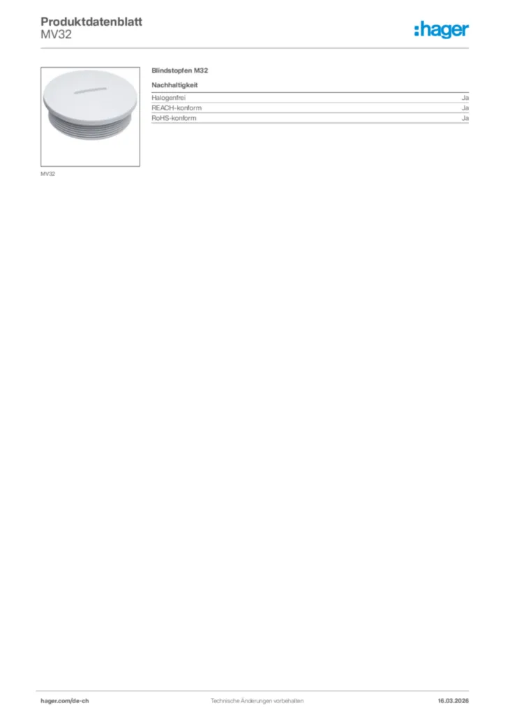 Bild Hager Produktdatenblatt MV32 | Hager Schweiz