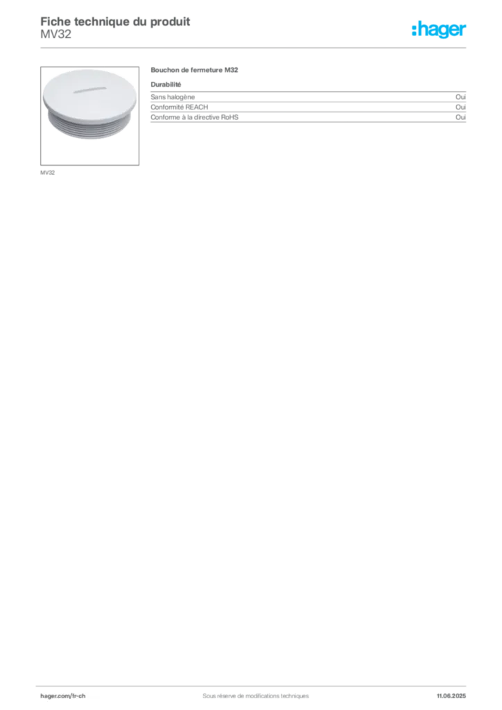 Image Hager Fiche technique du produit MV32 | Hager Suisse
