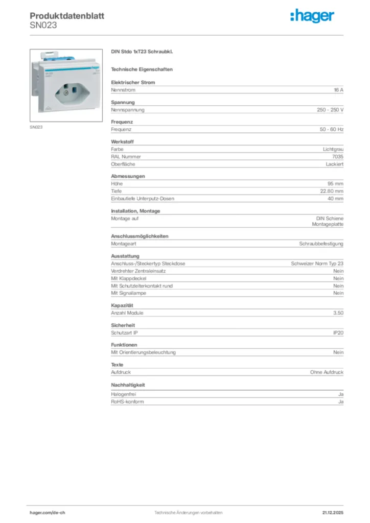 Bild Hager Produktdatenblatt SN023 | Hager Schweiz