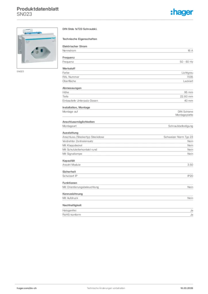 Bild Hager Produktdatenblatt SN023 | Hager Schweiz