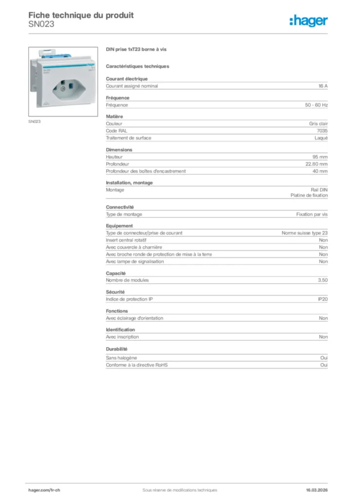 Image Hager Fiche technique du produit SN023 | Hager Suisse