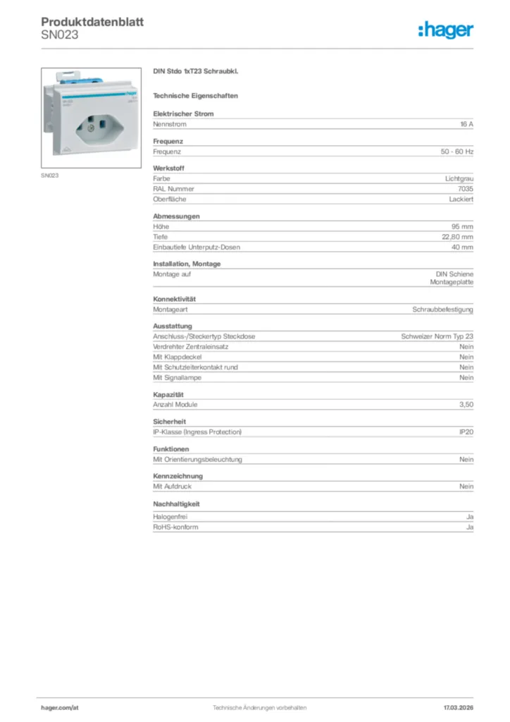 Bild Hager Produktdatenblatt SN023 | Hager Deutschland