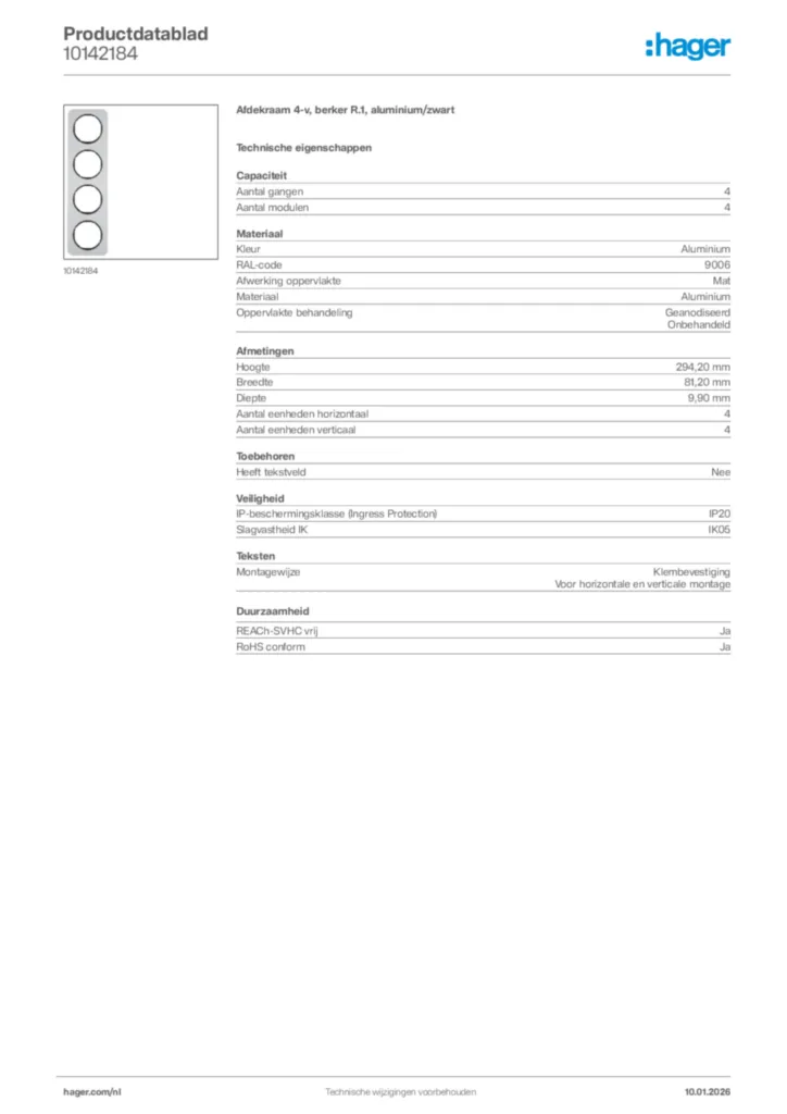 Afbeelding Hager Productdatablad 10142184 | Hager Nederland