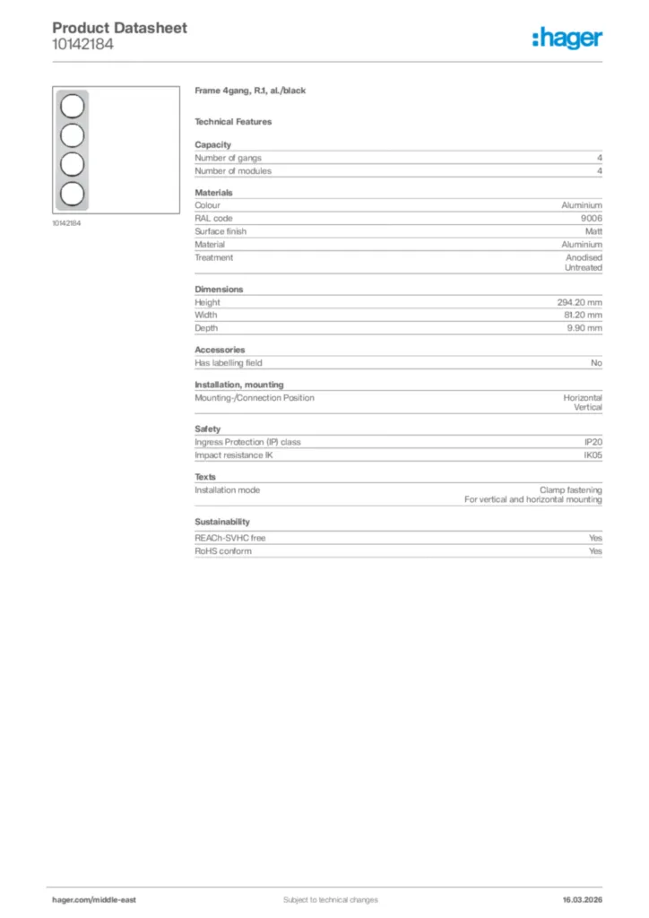 Image Hager Product data sheet 10142184  | Hager