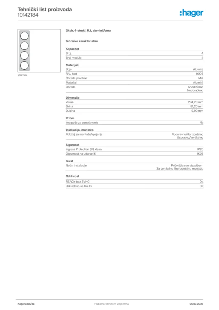 Slika Hager Tehnički list proizvoda 10142184  | Hager