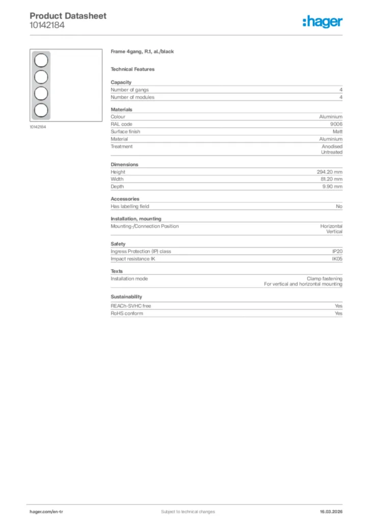 Image Hager Product data sheet 10142184  | Hager