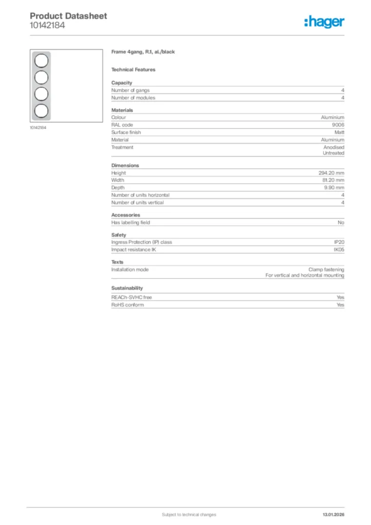 Image Hager Product data sheet 10142184  | Hager