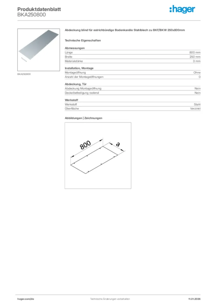 Bild Hager Produktdatenblatt BKA250800 | Hager Deutschland