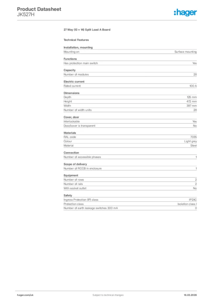 Image Hager Product data sheet JK527H  | Hager