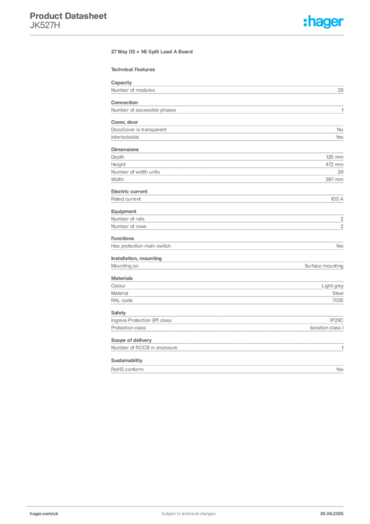 Image Hager Product data sheet JK527H  | Hager