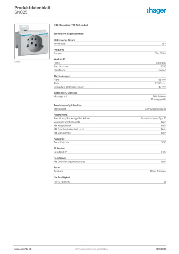 Bild Hager Produktdatenblatt SN025 | Hager Schweiz