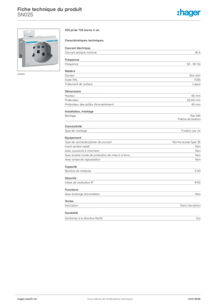 Image Hager Fiche technique du produit SN025 | Hager Suisse