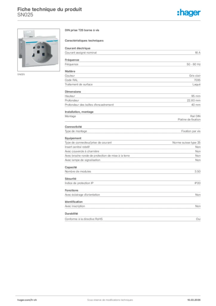 Image Hager Fiche technique du produit SN025 | Hager Suisse