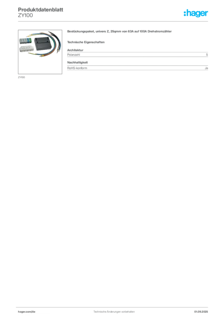Bild Hager Produktdatenblatt ZY100 | Hager Deutschland