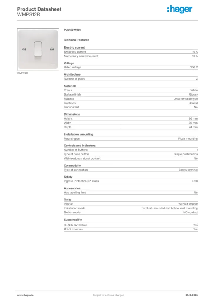 Image Hager Product data sheet WMPS12R  | Hager