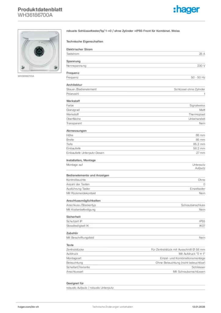 Bild Hager Produktdatenblatt WH36186700A | Hager Schweiz