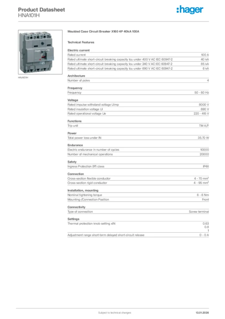 Image Hager Product data sheet HNA101H  | Hager Africa