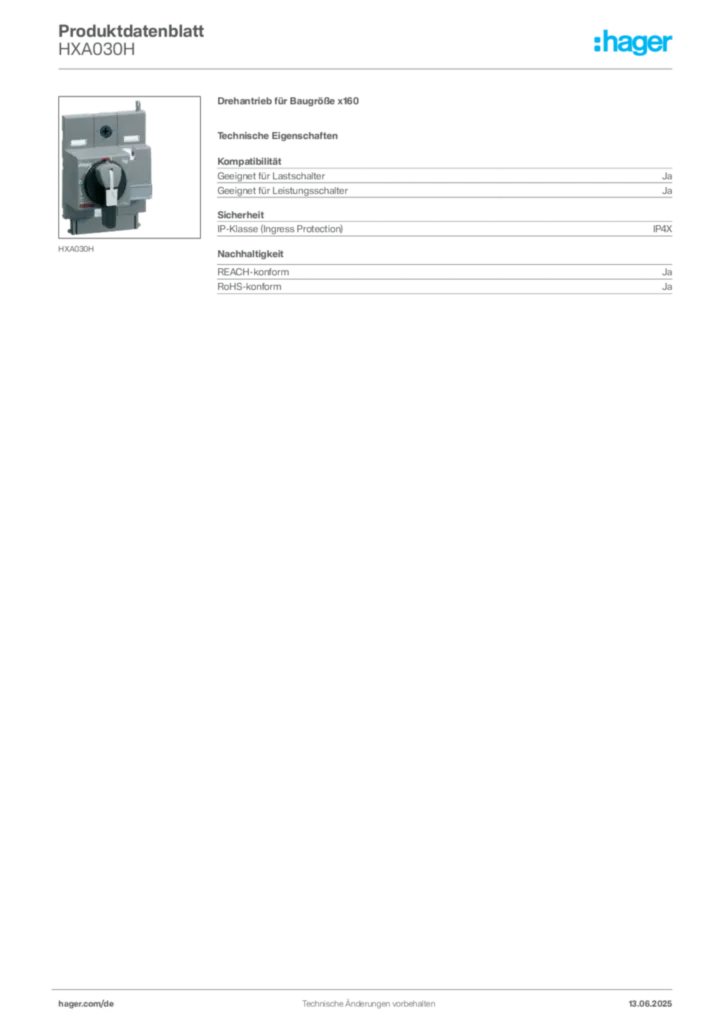Hager Produktdatenblatt HXA030H