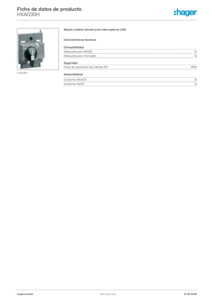 Imagen Hager Ficha de datos de producto HXA030H | Hager España