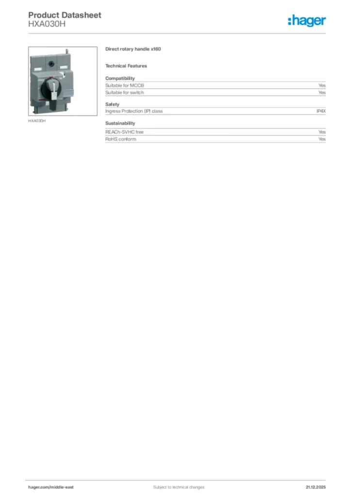 Image Hager Product data sheet HXA030H  | Hager