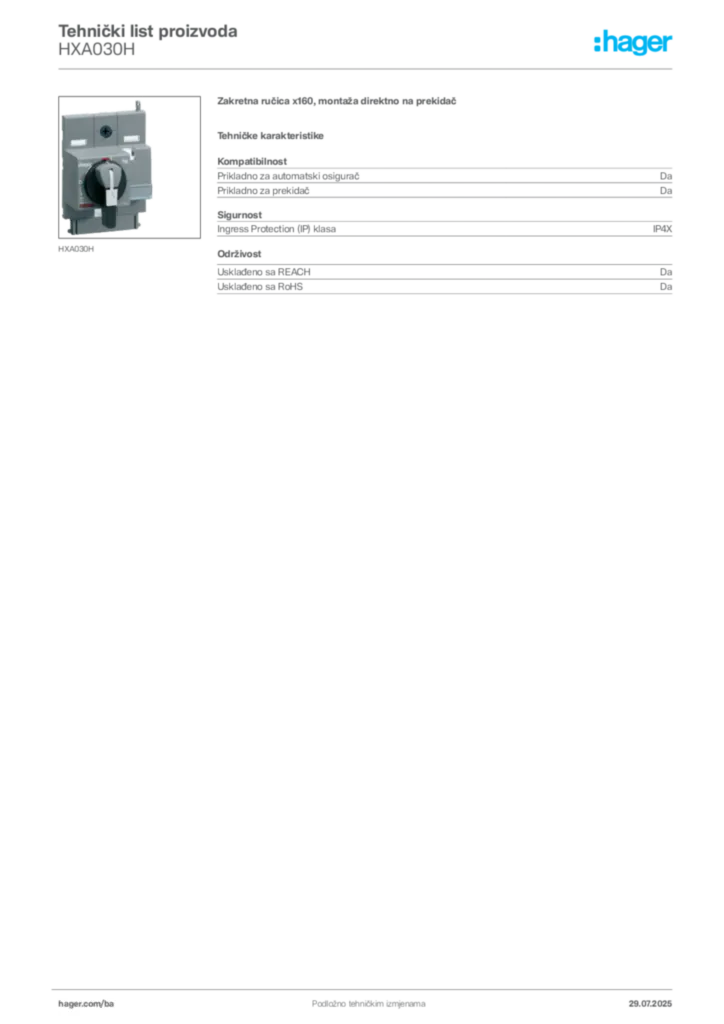 Slika Hager Product data sheet HXA030H  | Hager