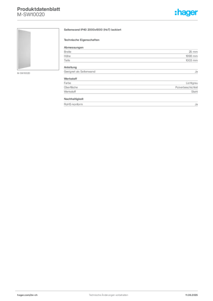 Bild Hager Produktdatenblatt M-SW10020 | Hager Schweiz