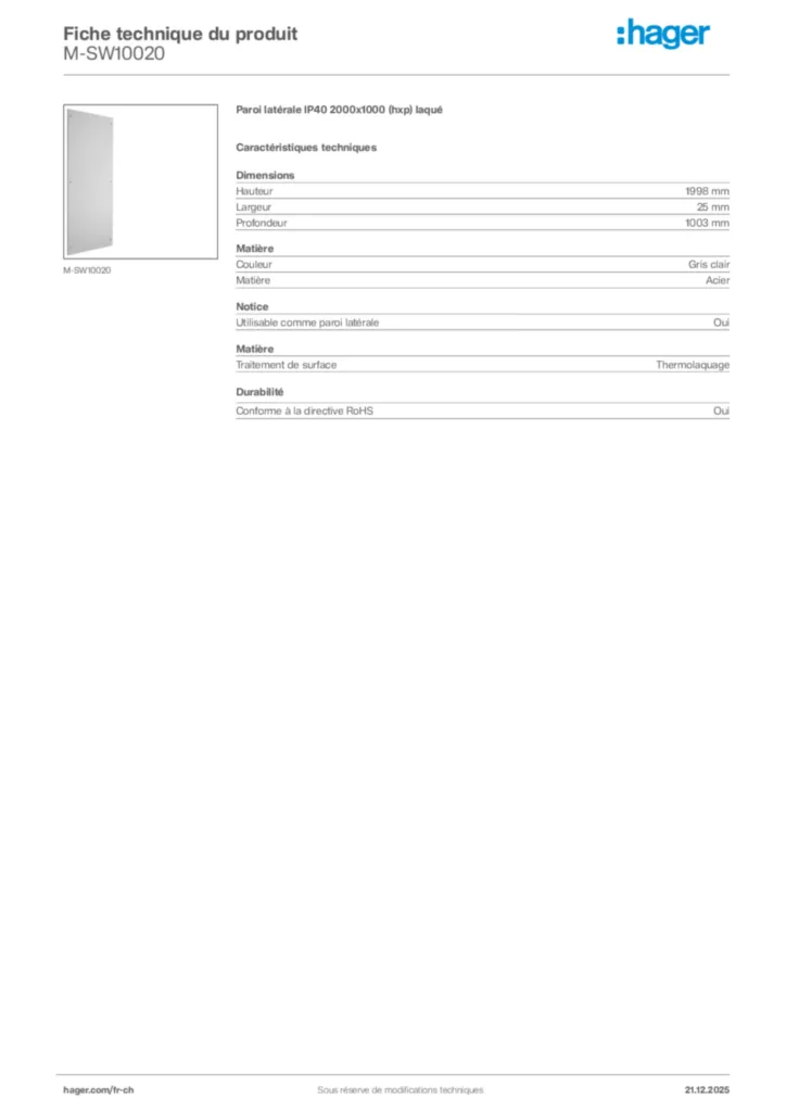 Image Hager Fiche technique du produit M-SW10020 | Hager Suisse