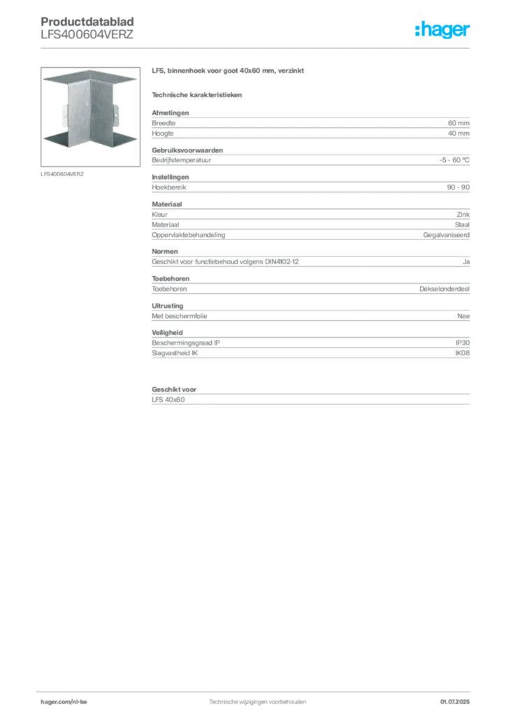 Afbeelding Hager Productdatablad LFS400604VERZ | Hager Belgium