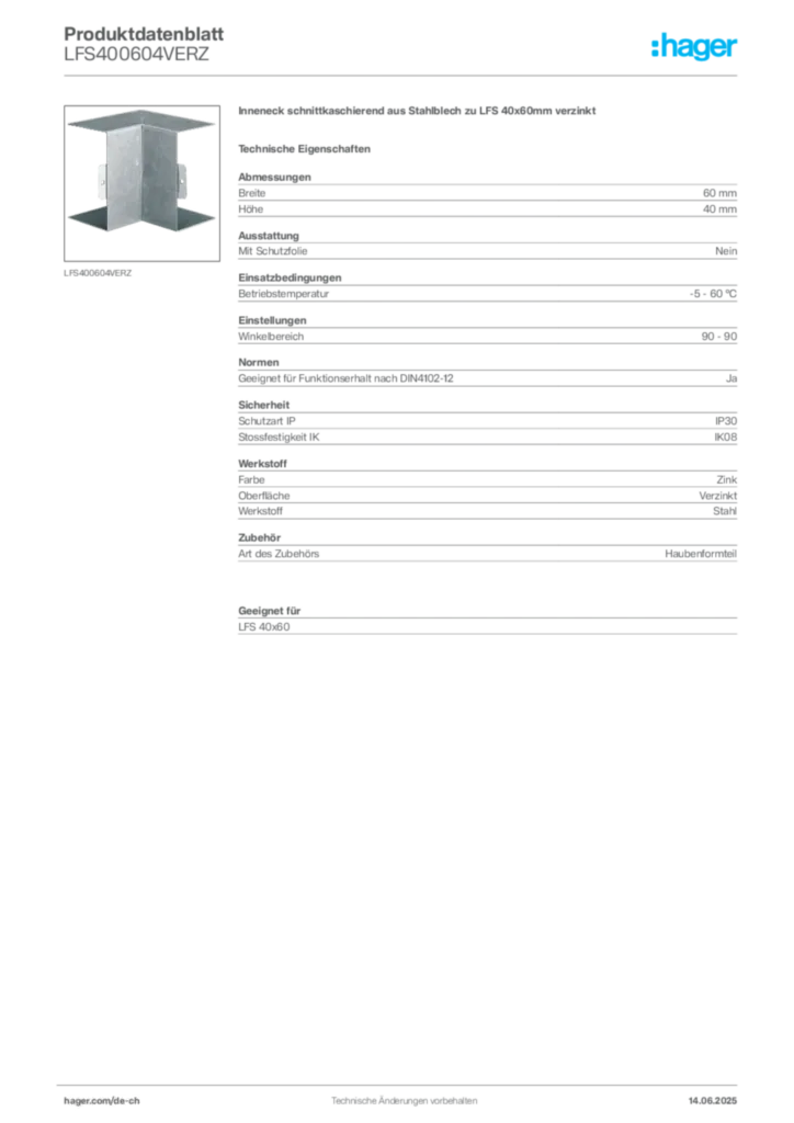 Bild Hager Produktdatenblatt LFS400604VERZ | Hager Schweiz