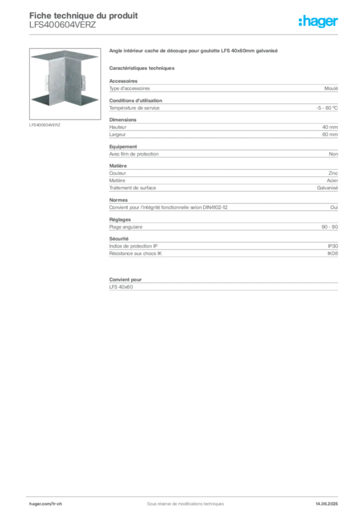 Image Hager Fiche technique du produit LFS400604VERZ | Hager Suisse