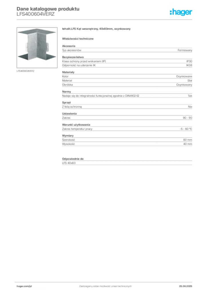 Zdjęcie Hager Dane katalogowe produktu LFS400604VERZ | Hager Polska