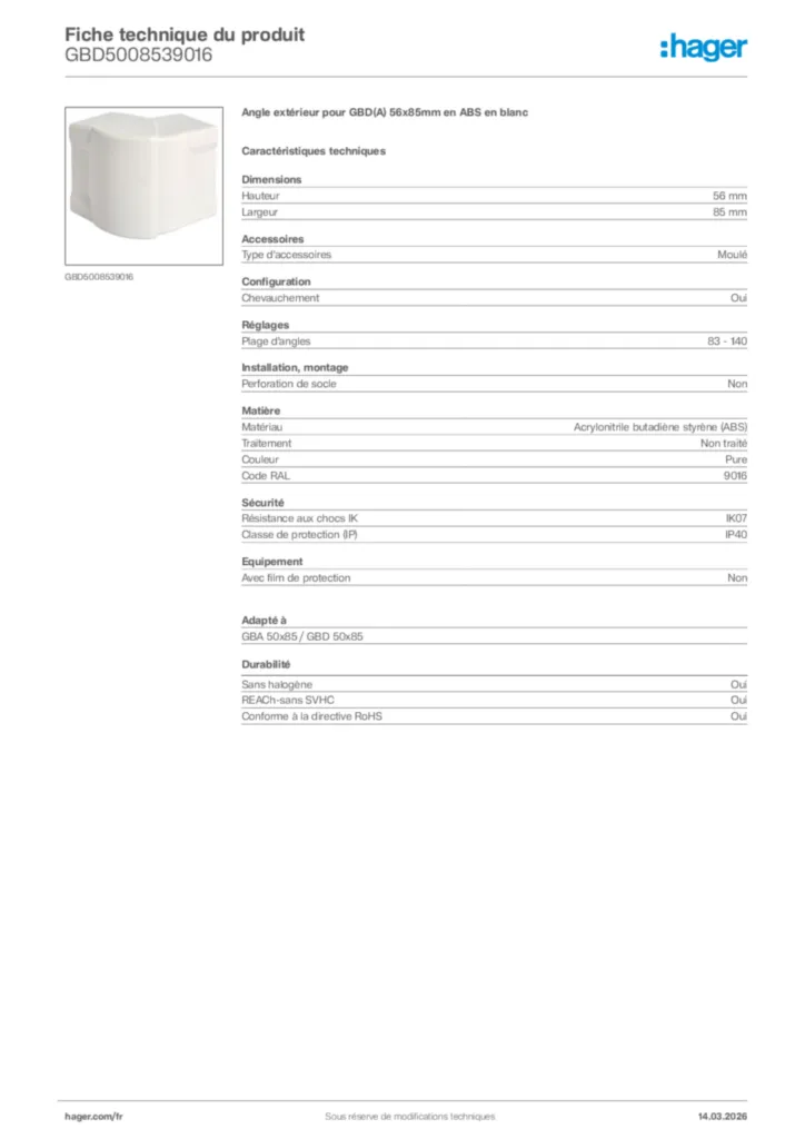 Image Hager Fiche technique du produit GBD5008539016 | Hager France