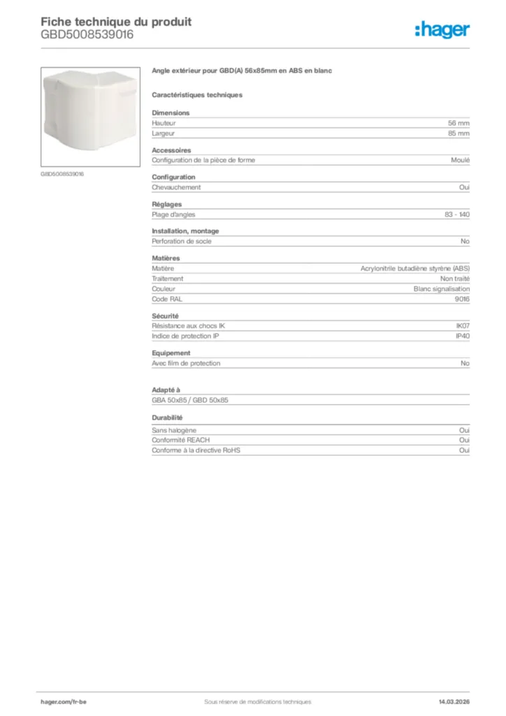 Image Hager Fiche technique du produit GBD5008539016 | Hager Belgique