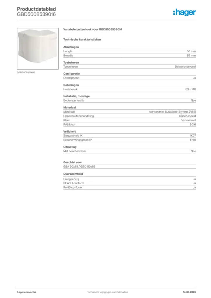 Afbeelding Hager Productdatablad GBD5008539016 | Hager Belgium