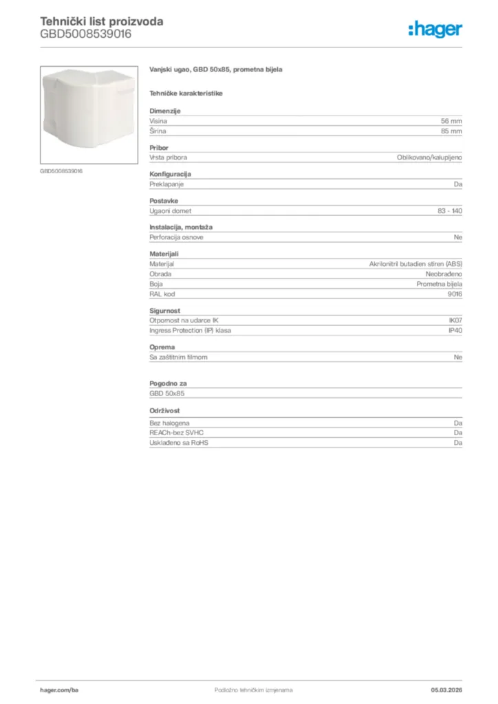 Slika Hager Tehnički list proizvoda GBD5008539016  | Hager
