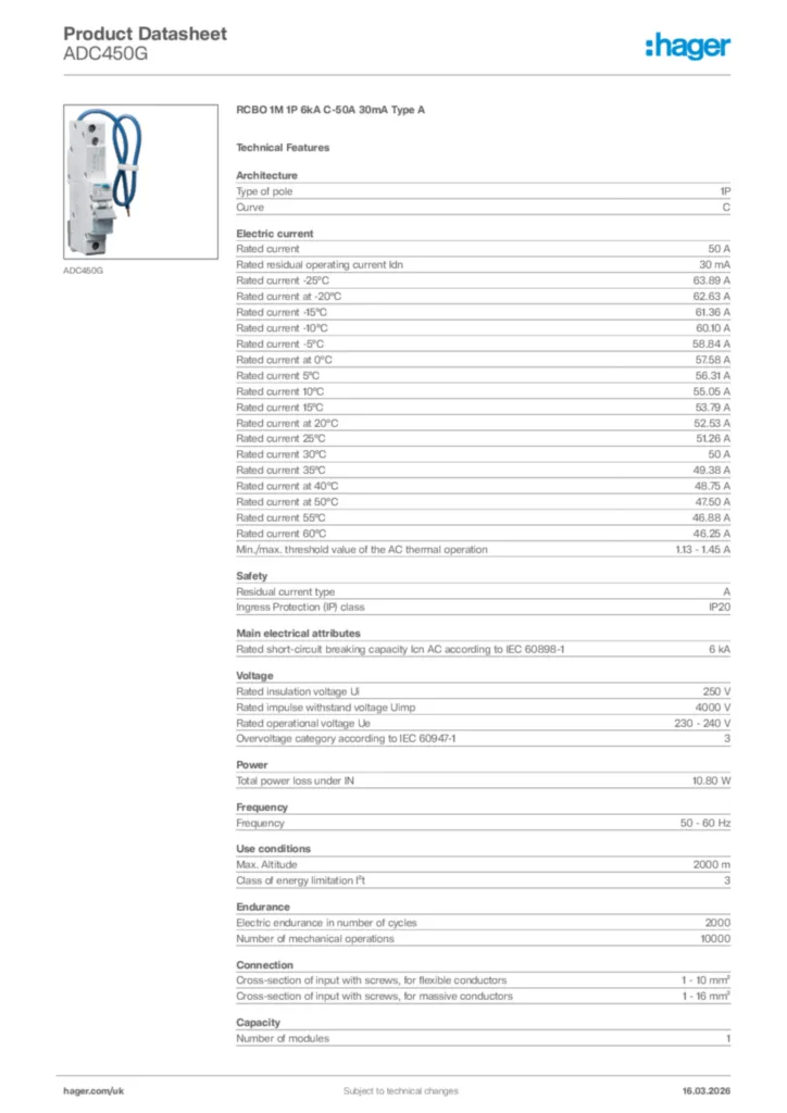 Image Hager Product data sheet ADC450G  | Hager