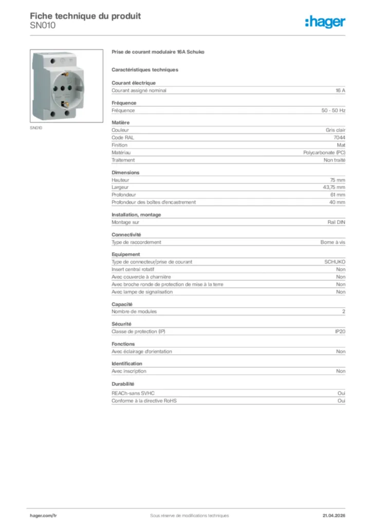 Image Hager Fiche technique du produit SN010 | Hager France