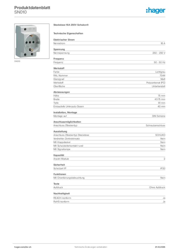 Bild Hager Produktdatenblatt SN010 | Hager Schweiz