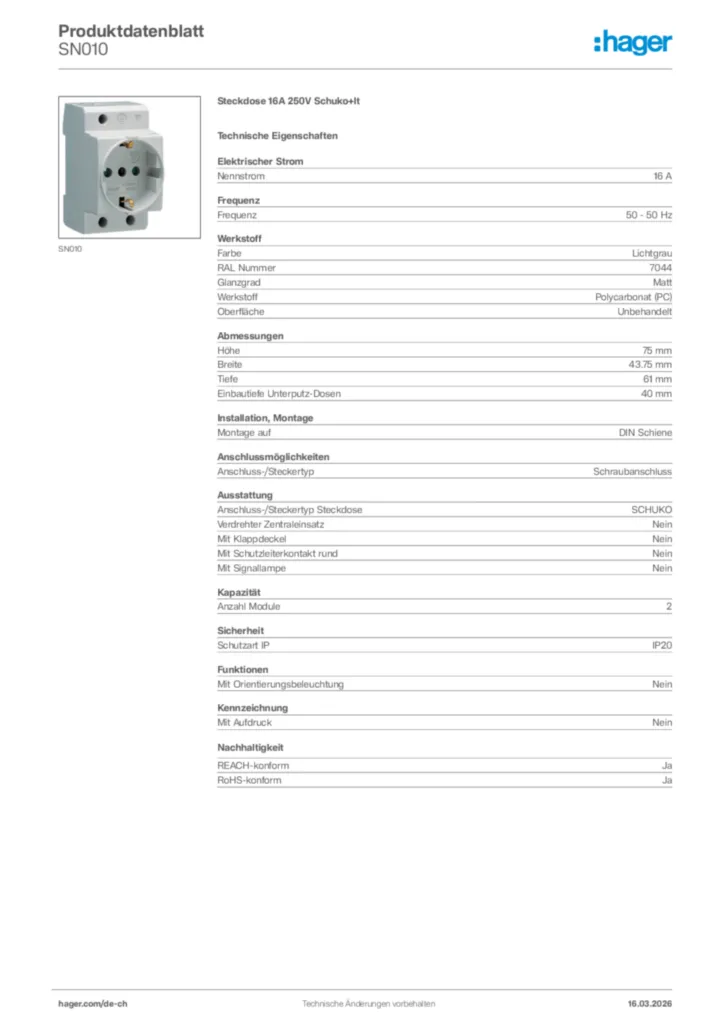 Bild Hager Produktdatenblatt SN010 | Hager Schweiz