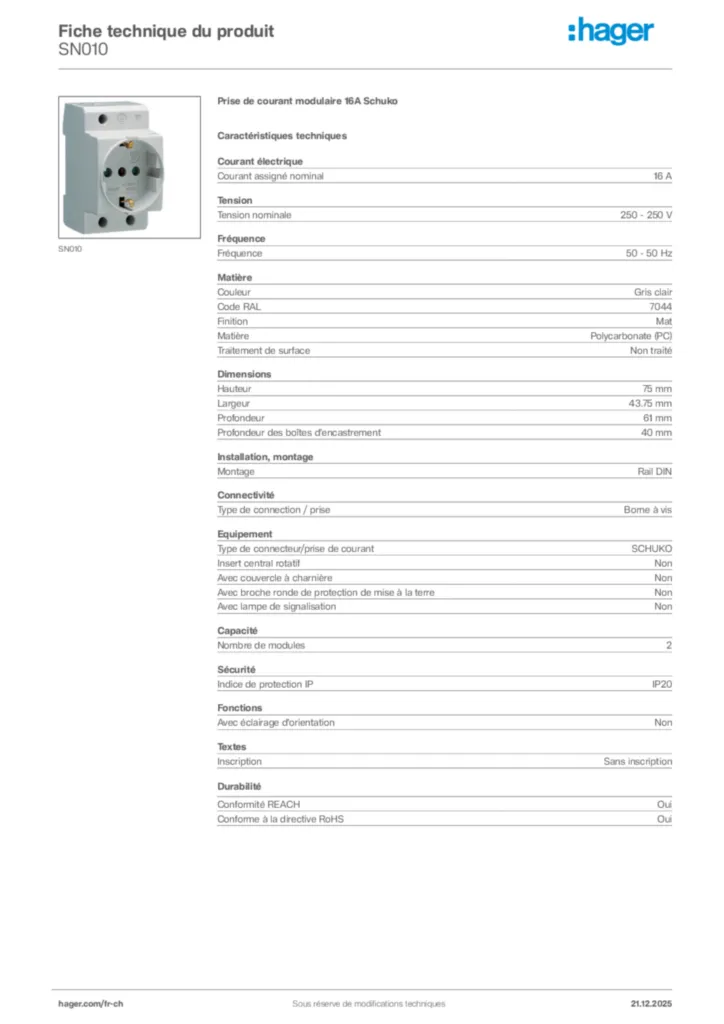 Image Hager Fiche technique du produit SN010 | Hager Suisse