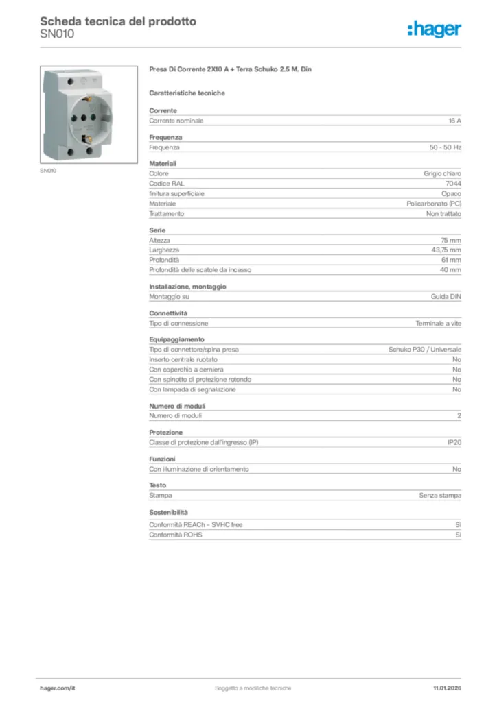 Immagine Hager Scheda tecnica del prodotto SN010 | Hager Italia