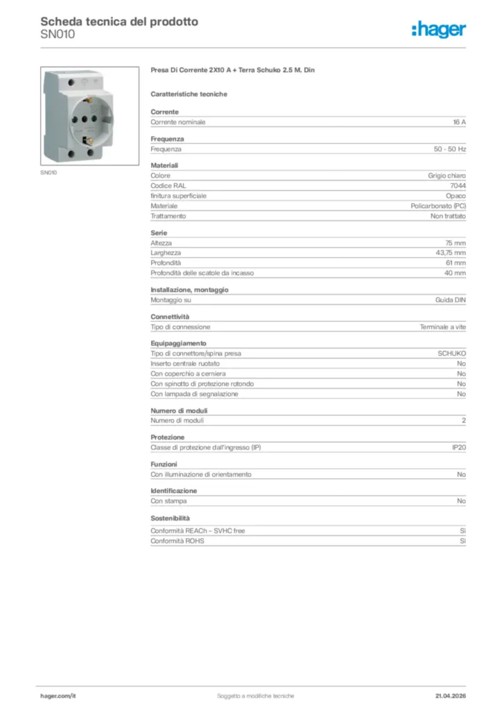 Immagine Hager Scheda tecnica del prodotto SN010 | Hager Italia