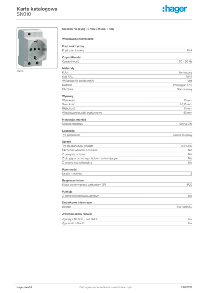Zdjęcie Hager Karta katalogowa SN010 | Hager Polska