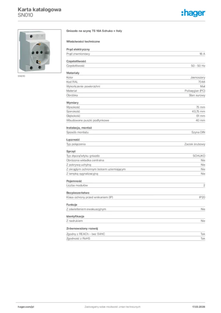 Zdjęcie Hager Karta katalogowa SN010 | Hager Polska