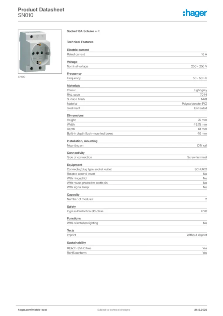 Image Hager Product data sheet SN010  | Hager